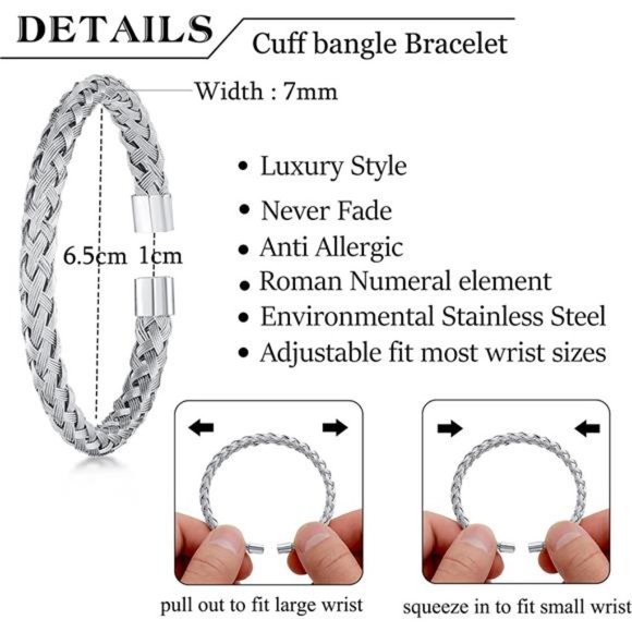 3PCS Stainless Steel Bracelets for Men Gold Roman Numeral Bangle Bracelet Cable - Picture 3 of 6